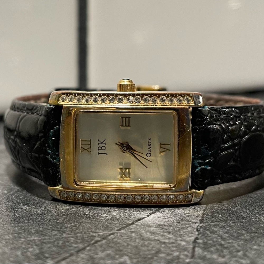 Vintage Ladies JBK Gold Tone Watch with Black Leather Band